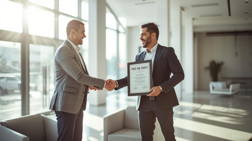 Zwei Männer in eleganter Geschäftskleidung schütteln sich in einem hell beleuchteten Büro die Hand. Einer von ihnen hält ein gerahmtes ISO 9001 Zertifikat in der anderen Hand. Die Szene vermittelt eine professionelle und vertrauensvolle Atmosphäre, passend für Themen wie Beratung und Compliance im Ingenieurswesen.