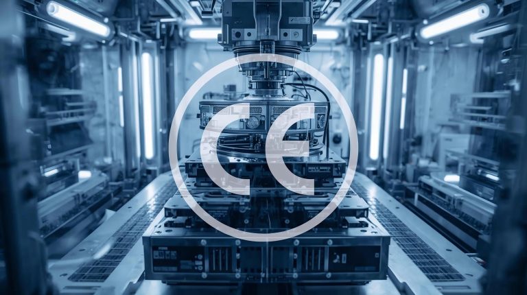 Ein maschineller Herstellungsprozess in einem industriellen Umfeld. Im Zentrum des Bildes ist ein komplexes mechanisches Gerät zu sehen, das von intensiven blauen Lichtquellen umgeben ist. Das CE-Logo ist prominent über der Maschine abgebildet, was auf die Einhaltung europäischer Standards hinweist.