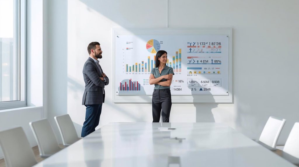 Zwei Personen, ein Mann und eine Frau, stehen in einem Konferenzraum vor einem Whiteboard mit verschiedenen Grafiken und Diagrammen. Der Raum hat große Fenster, die viel Licht hereinlassen. Die Personen wirken konzentriert und in ein Gespräch vertieft.